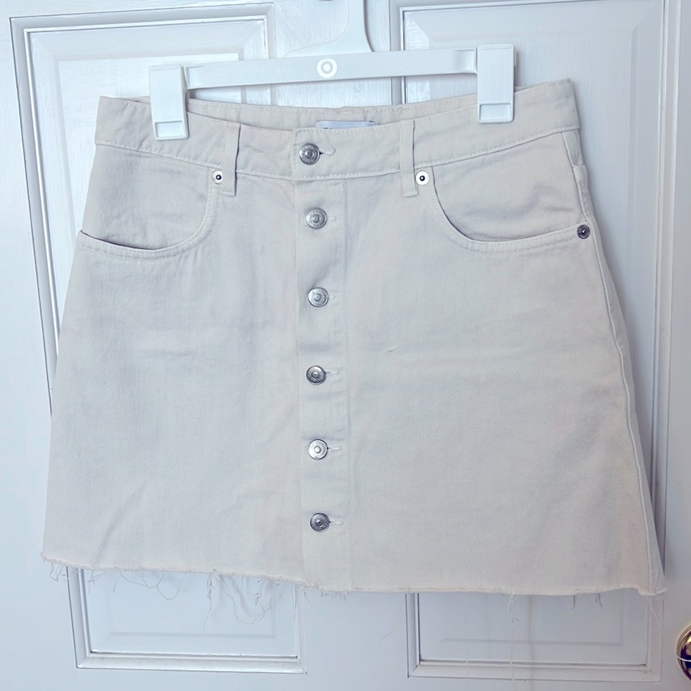 Zara Off White Denim Cut Off Button Down Skirt